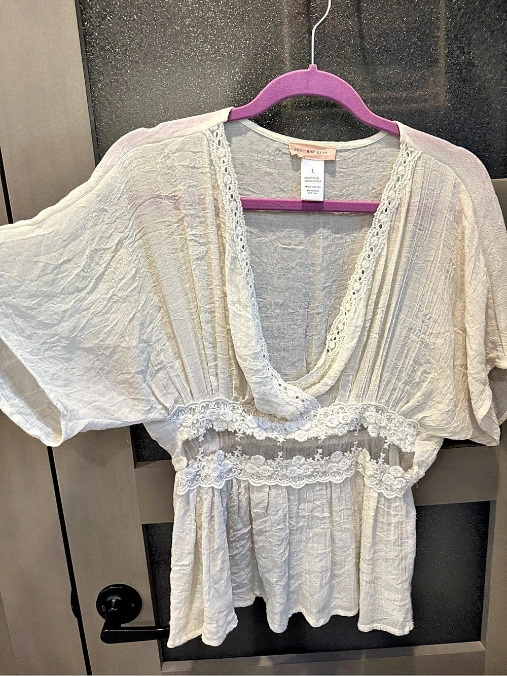 rose and grey Lace Trim Blouse in White Size Large